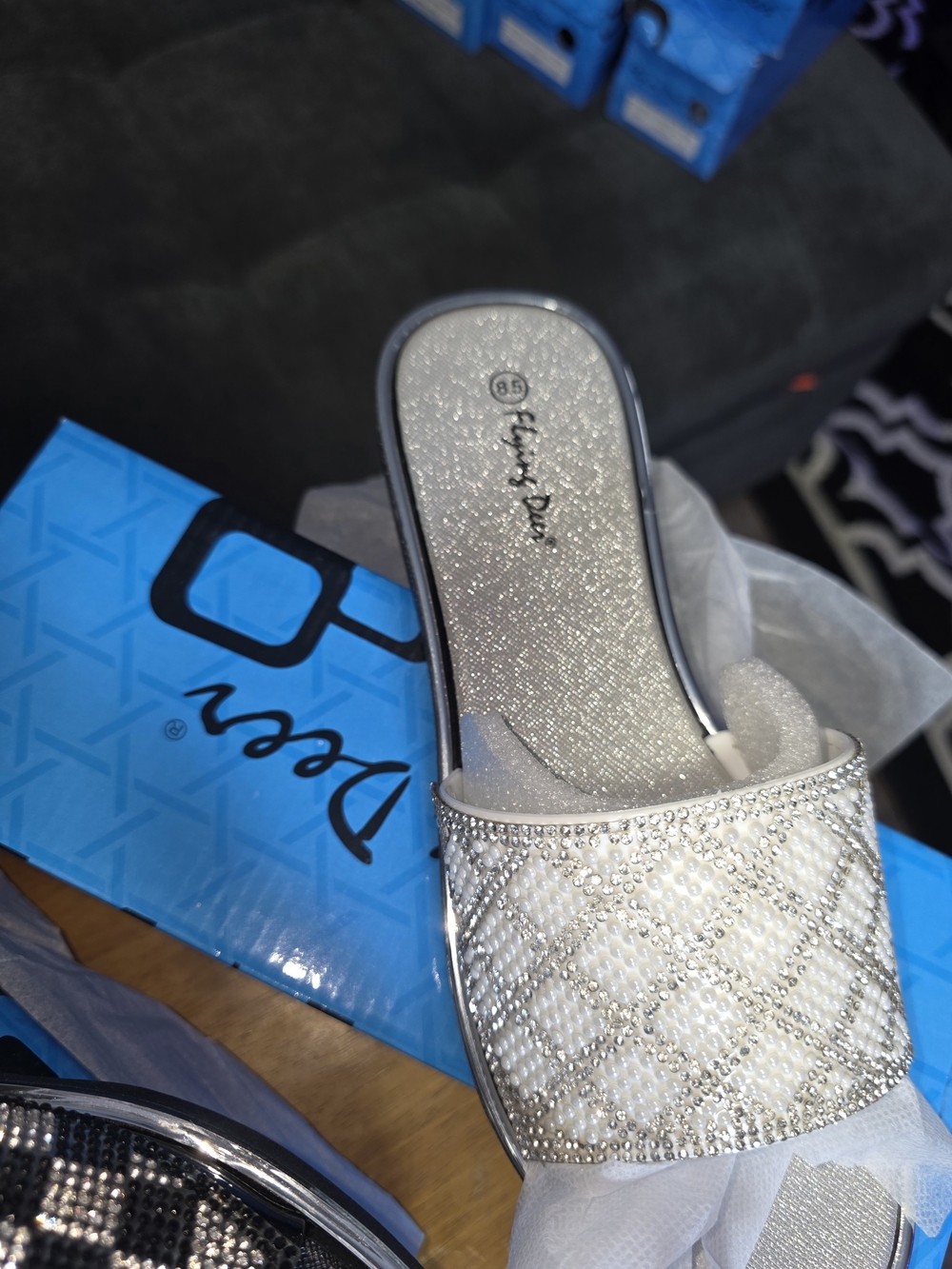 Glitter Quilted Slip-On Mules in Silver